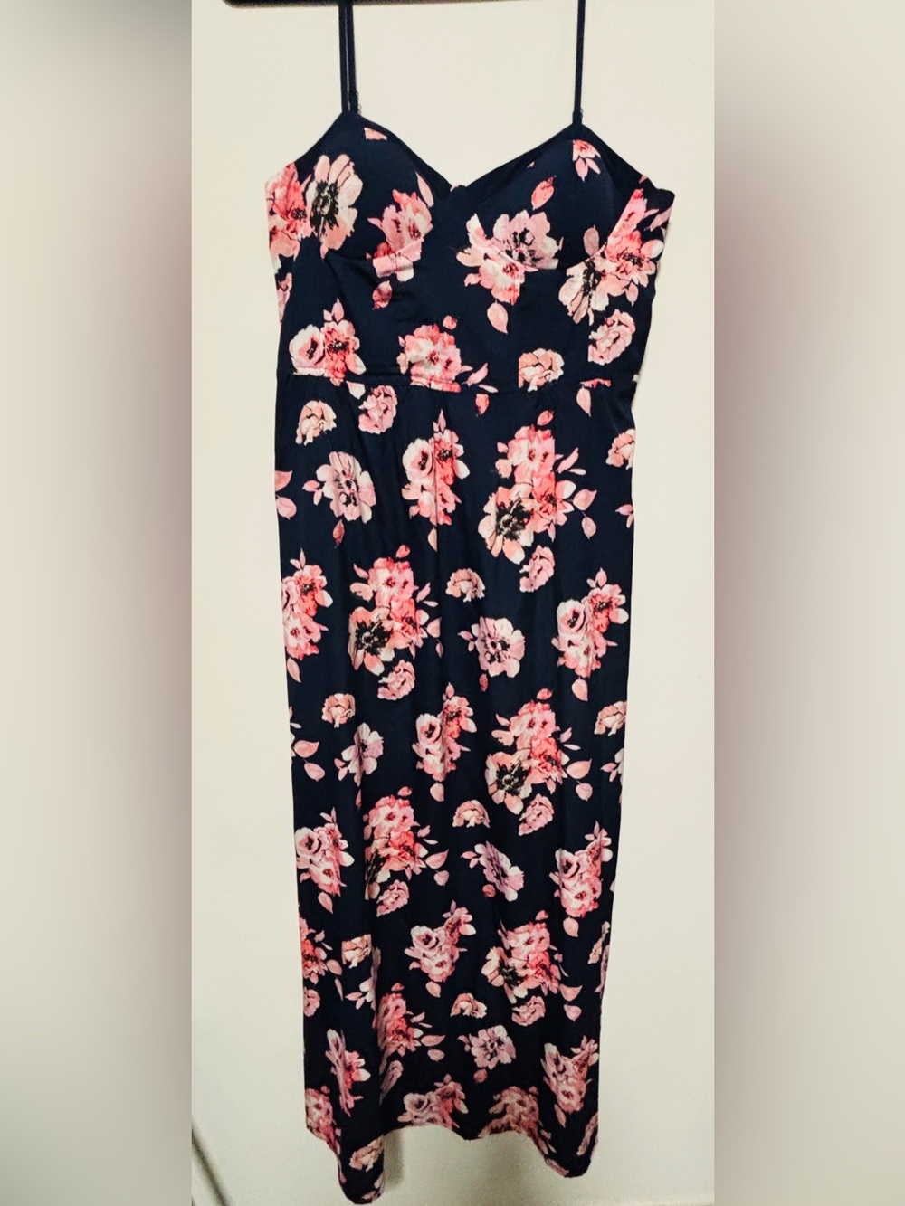 Band of Gypsies Navy Floral Maxi Dress Spaghetti Straps Pink & Red Blooms L